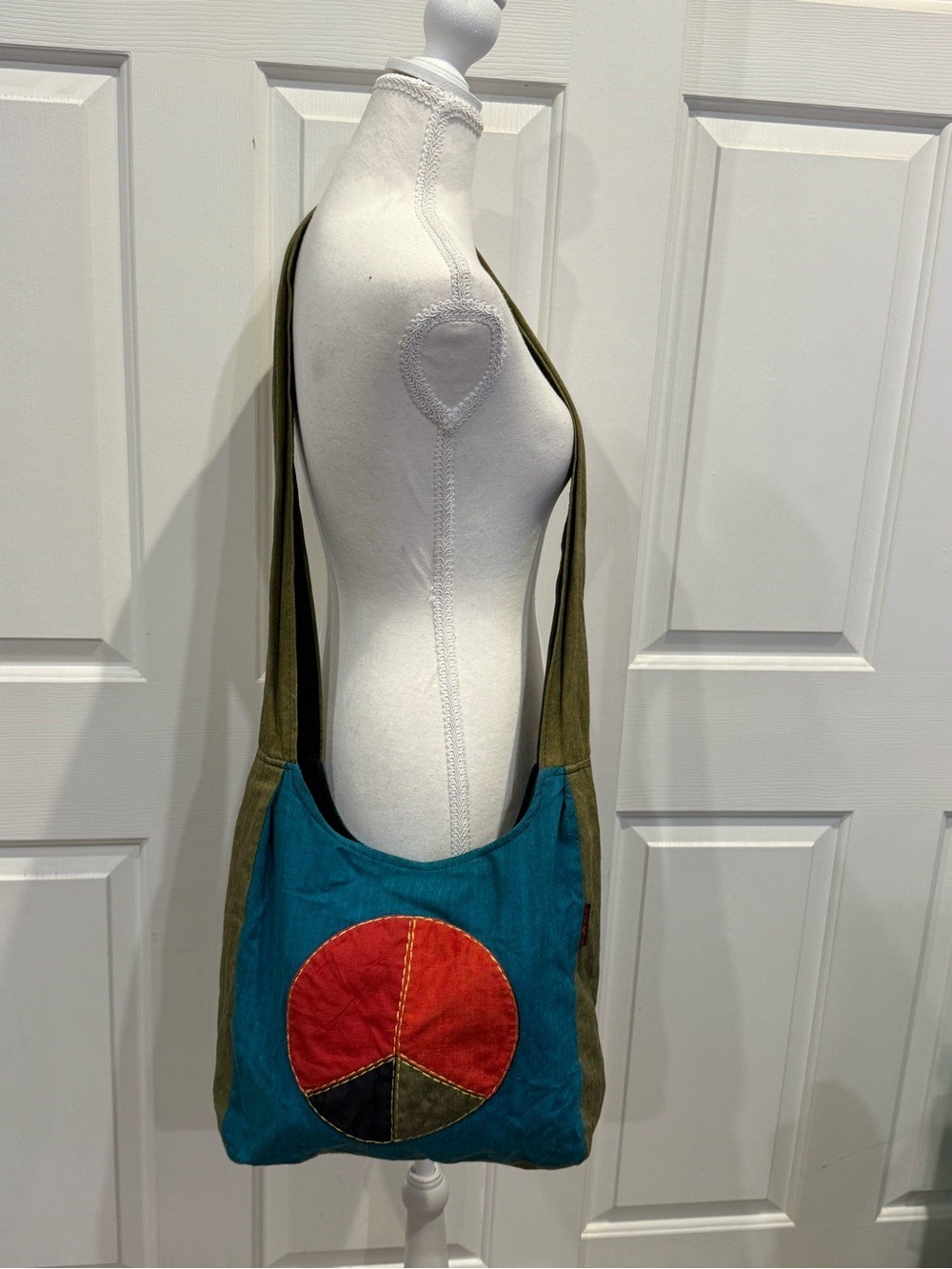 Kathmandu Imports Peace Sign Cotton Crossbody Hobo Bag Boho Hippie - Picture 2 of 8